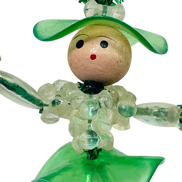 Vintage Green Beaded Winter Lady Ornament Handmade 4 inches - Picture 4 of 9